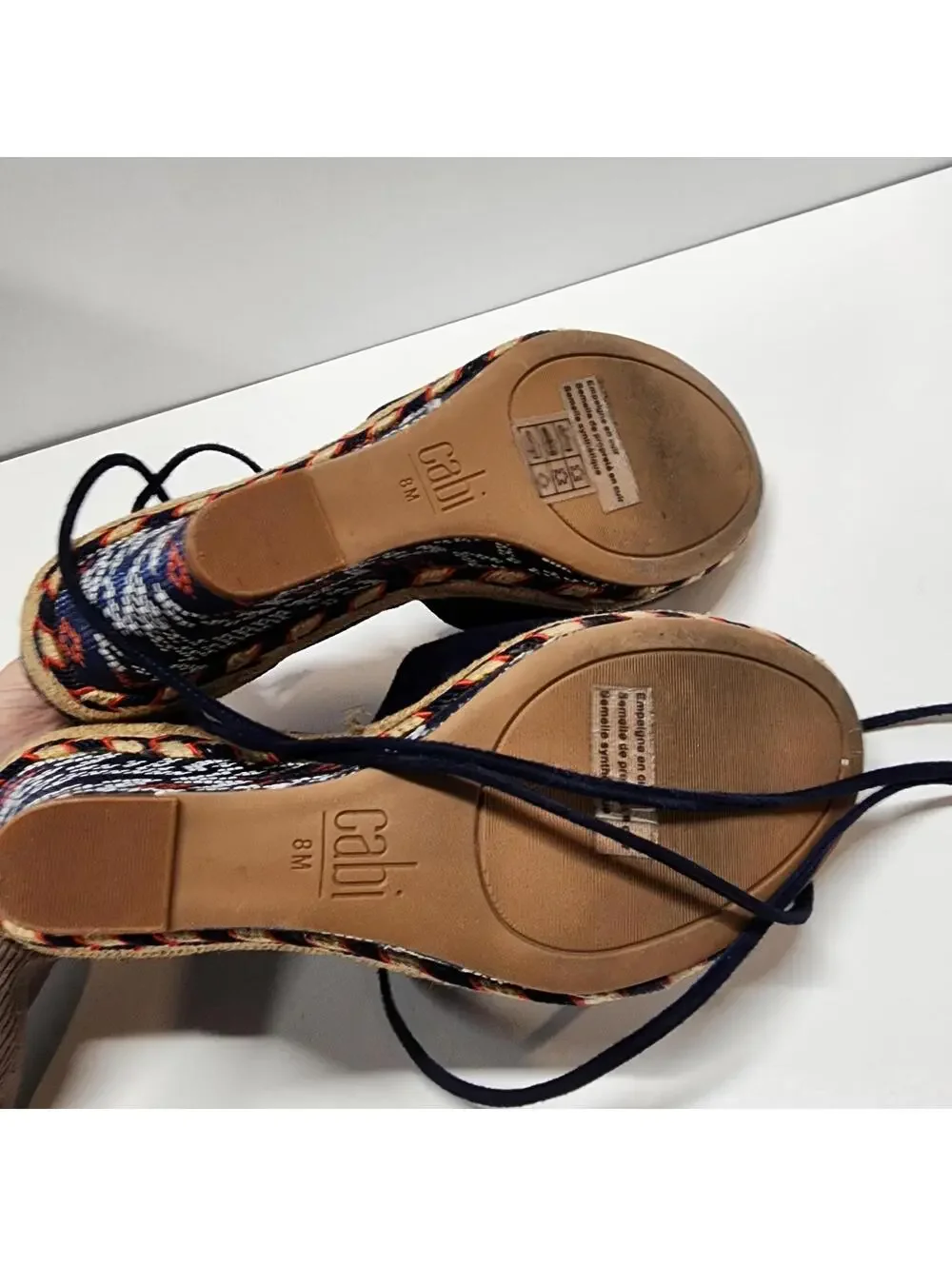 CAbi Isla Navy Suede Leather Wedge Espadrille Sandals Tassels Size 8 EUC